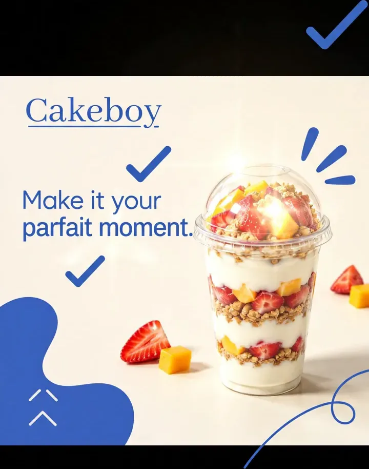 A Cakeboy parfait campaign frame from a generated product animation.