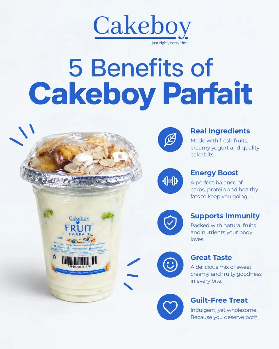 A Cakeboy parfait design using a consistent blue brand palette and product photography.