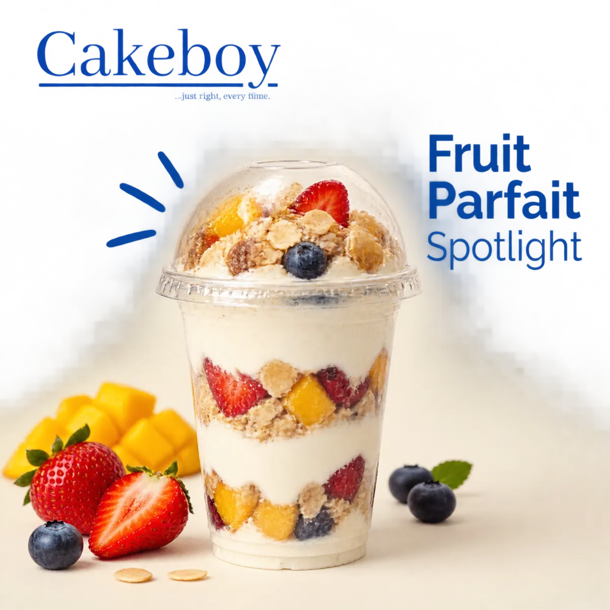 A Cakeboy parfait campaign design using the same product and brand visuals.