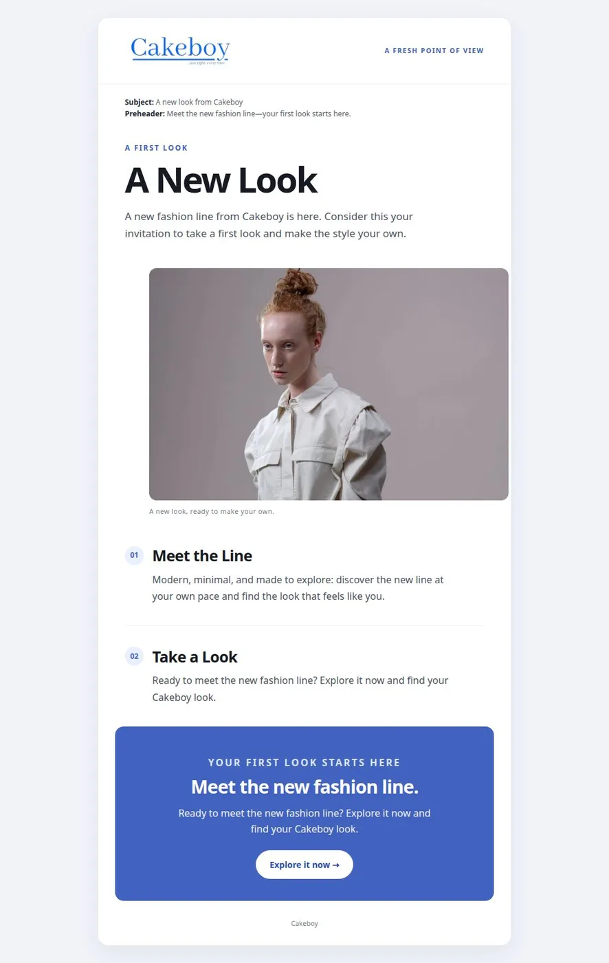A full Cakeboy newsletter using the brand’s colors, product imagery, and typography.