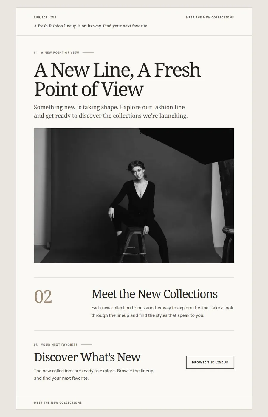 A full fashion newsletter page introducing a new clothing collection.