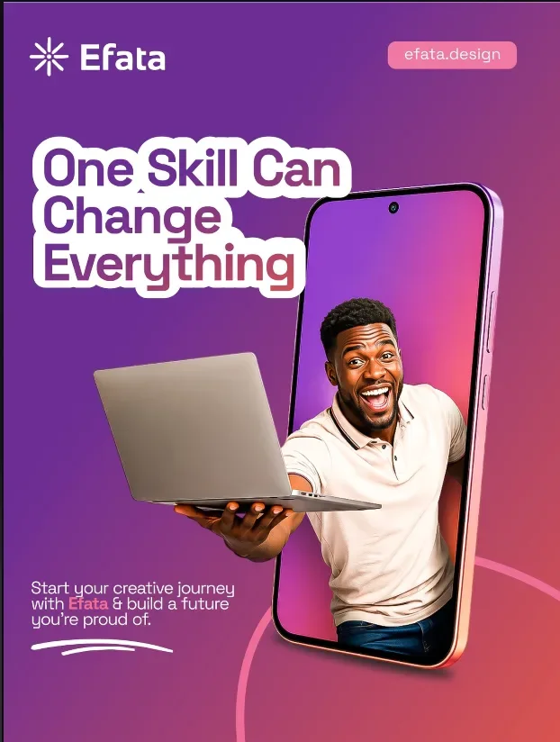 An Efata moodboard reference showing a purple promotional design, a laptop, and a person displayed in a phone mockup.