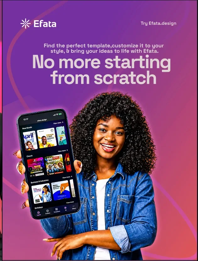 An Efata campaign reference with a purple gradient, a mobile app, and a smiling creator.