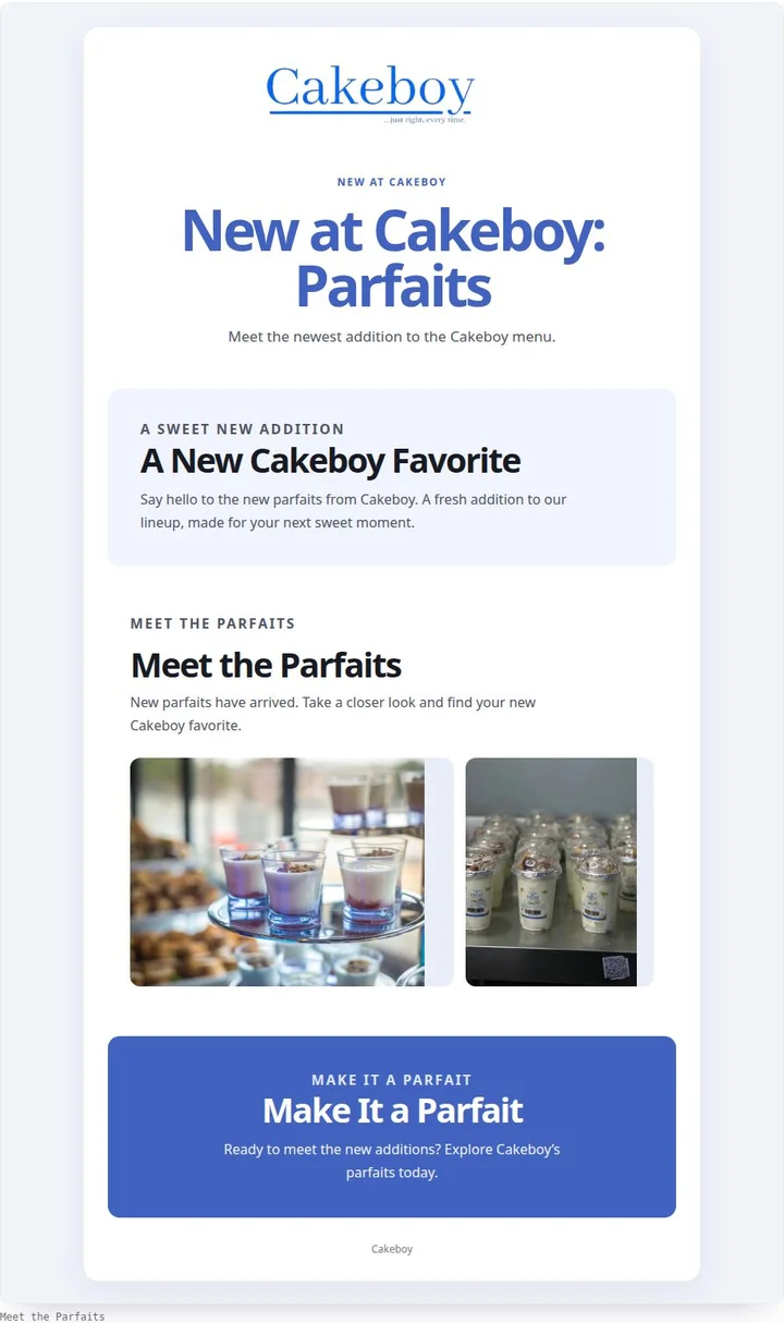A complete Cakeboy email announcing parfaits with branded colors and product photography.