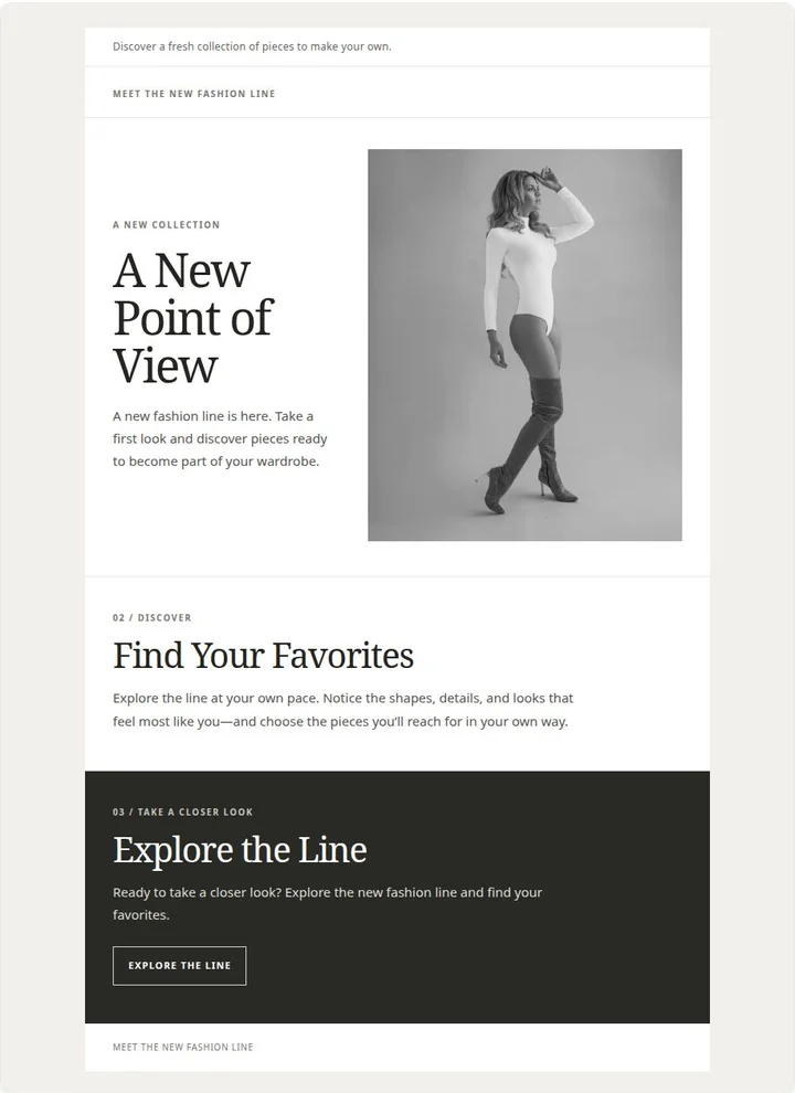 A full-page fashion newsletter with editorial copy and collection photography.