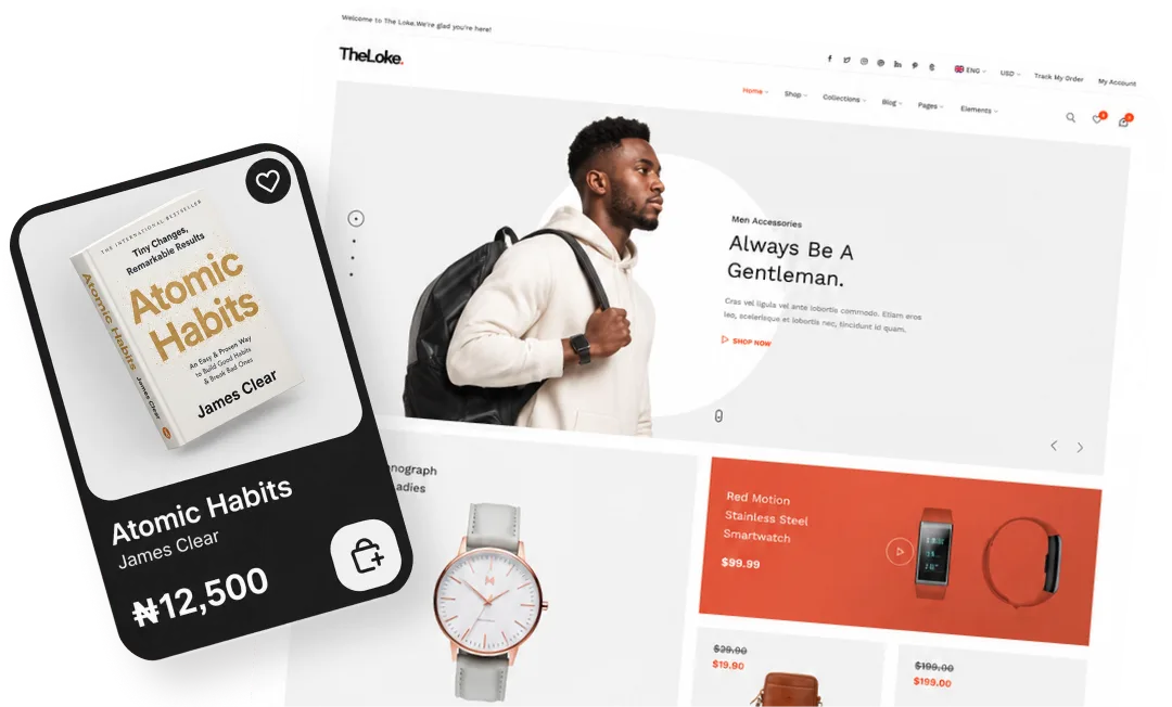 A storefront preview showing a product shop beside product details and pricing.